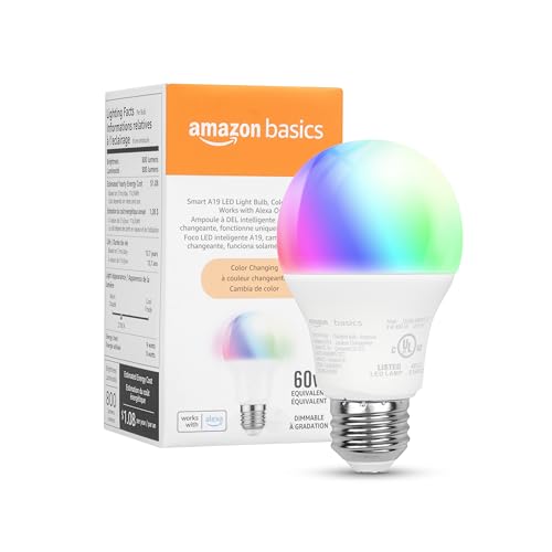 Basics Smart A19 LED Light Bulb, Color Changing, 9W (60W Equivalent), 800LM, Works with Alexa Only, WiFi 2.4 GHz, No Hub Required, Mood Lighting, Energy Efficient, 1-Pack