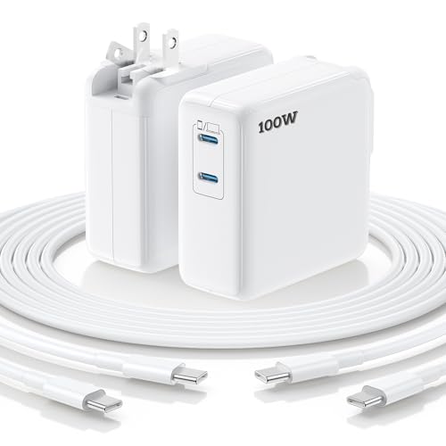 Essri MacBook Pro Charger,100W USB C Charger 2Pack with Foldable Plug,Dual 65W Ports Fast Charging for MacBook Pro Air,iPad Pro,iPhone 17/16/15,Includes 6FT+10FT USB C to C Cables - White