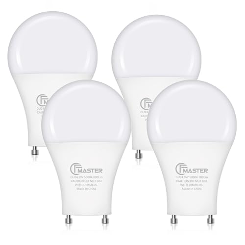 GU24 LED Light Bulb, 5000K Daylight, 9W(100W Equivalent), 800 Lumens, A19 Shape GU 24 LED Bulbs, Twist and Lock GU24 Pin Base with Two Prongs, Non-Dimmable, UL ETL Certificated(4-Pack)
