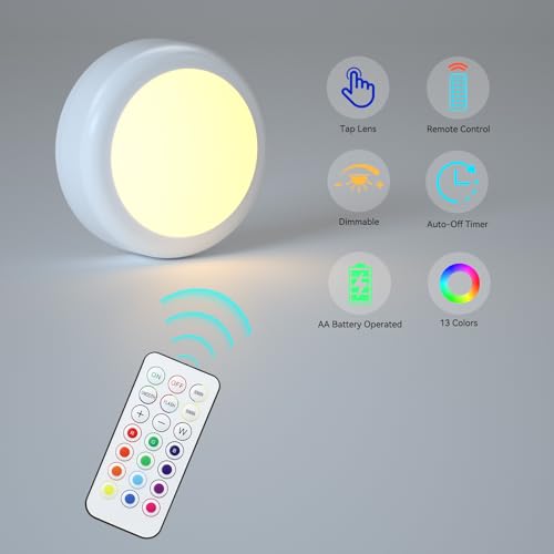 Puck Lights with Remote Control, Battery Operated LED Push Light Wireless, 13 Color RGB - for Closet, Bedroom Wall, Under Cabinet, Battery Powered Puck Lights. Convenient 3M Stick On, 6 Pack