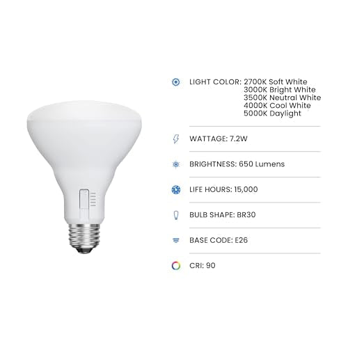 Feit Electric BR30 LED Flood Light Bulb, 65W Equivalent, Dimmable, 5CCT, Adjustable White, 650 Lumens, Indoor/Outdoor Residential & Commercial Use, 17,000-Hour Lifespan, BR3065DM5CCTCA15K/6, 6-Pack