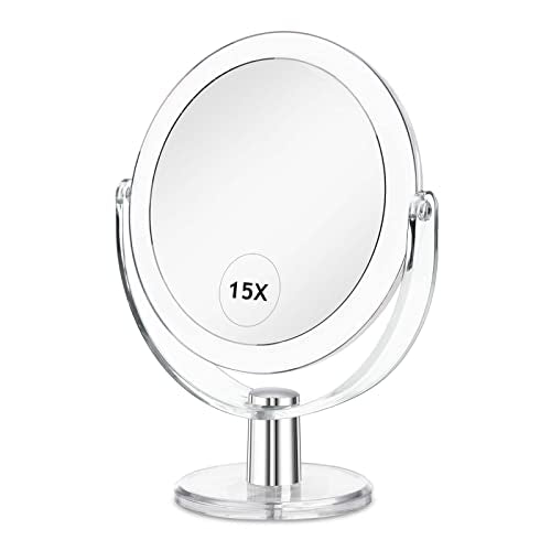 Vanity Makeup Mirror with Stand, 1X/15X Magnification Double Sided 360 Degree Swivel, Portable Table Desk Counter top Magnifying Mirror, Tabletop Mirror for Bedroom or Dorm Room, 6.25 Inch