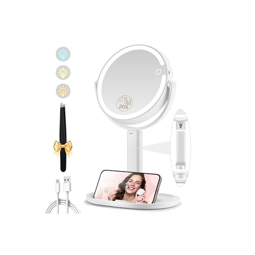 Makeup Mirror with Lights, Double Sided 1x/20x Magnifying Mirror with Light, Rechargeable 3 Color Lights and Adjustable Brightness, 360° Rotation Detachable Comes with Tweezer(White)