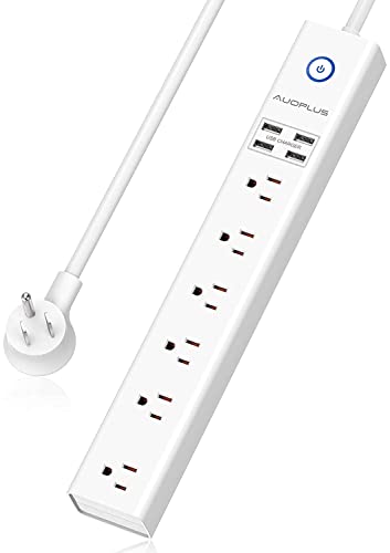 Power Strip 10Ft - Surge Protector with USB, AUOPLUS 6 Outlet and 4 USB Charger, 10Ft Long Extension Cord Flat Plug(1250W/10A/2100J), Wall Mountable Overload Protection for Computer Home Office Dorm