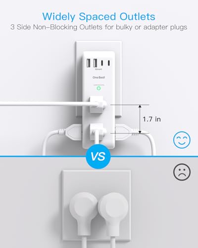 Surge Protector Outlet Extender - with Rotating Plug, 6 AC Multi Plug Outlet with 4 USB Ports (2 USB C), 1800J Wall Charger, 3-Sided Power Strip with Spaced Outlet Splitter for Home, Office, Travel