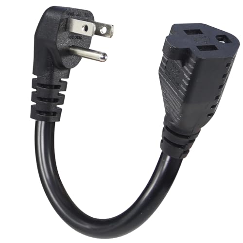 KUNCAN Short Power Extension Cord - Low Profile Wall Head 6 Inch 14AWG/3C SJTW Heavy Duty Extension Cable for Indoor/Outdoor, 90-Degree Flat Plug 15A/125V 1875W NEMA 5-15P to NEMA 5-15R, Black 1-Pack