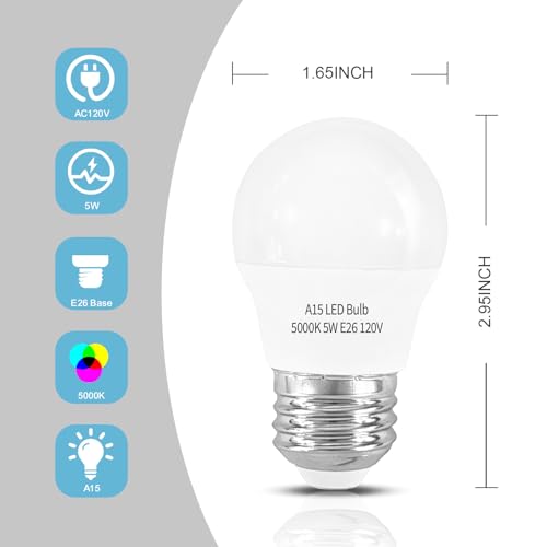 LED Refrigerator Light Bulb 2 Pack，Daylight White 5000K 120V 40W Equivalent Appliance Bulb，A15 5W E26 Base Waterproof Fridge Light Bulbs for Freezer Home Lighting,Small Light Bulb,Dimmable