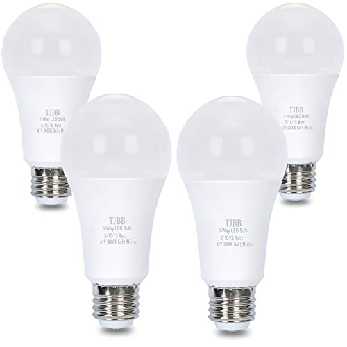 TJBB 4 Pack 3 Way LED Light Bulbs 50 100 150Watt Soft White 3000K Equivalent, 5/10/15W Three Way Light Bulbs A19 E26 Base, 700 1400 2100 Lumens