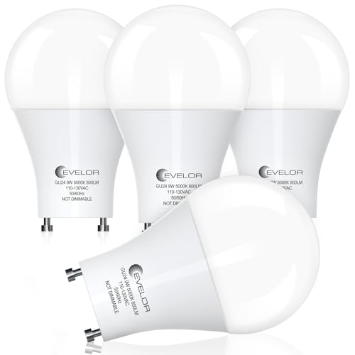 GU24 LED Light Bulb,60 Watt Equivalent Daylight White 5000K,Non-Dimmable,Efficient 9W,800 Lumens Twist and Lock 2 Prong Light Bulbs,15000 Hours,Ideal for Kitchen,Living Room,Bedroom, 4-Packs