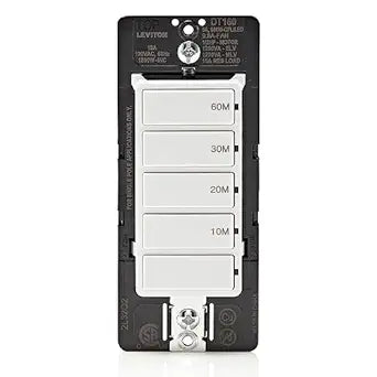 Leviton Countdown Timer Switch for bathroom fan and household lights, 10-20-30-60 min, No Neutral Required, Single Pole, 15A, 1/2HP/9.8A Fan/Motor, DT160-1LW, White