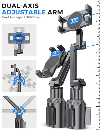 eSamcore Cup Holder Tablet Mount for Truck, Car Tablet Holder with Adjustable 15" Height 360° Rotation Stand, 0.9" Depth Clamp Fit for iPad Air/Pro/Mini 4.7"-12.9" Foldable Phone iPhone