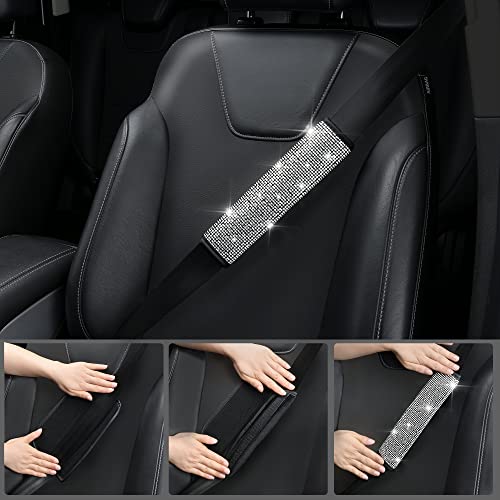 CAR PASS 11 PCS Bling Diamond Car Accessories for Women, Sparkly Rhinestone Steering Wheel Cover, Bling Seat Belt Cushion, Glitter Shift Knob Cover, Car Cup Holder Coaster, Cute Interior Sets Silver