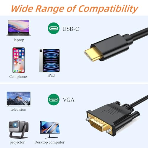 USB C to VGA Cable 3ft, VGA to USB C Cable for Monitor, Compatible with MacBook Pro/Air, iPad Pro, Phone, Laptop, Projector