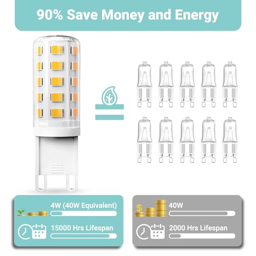 TJOY G9 LED Bulb 4W, 3000K Soft Warm White 6 Pack, Equivalent 40 Watt T4 G9 Halogen Replacement, G 9 Bi-pin Base Light Bulbs for Chandelier, 120V 450 LM 360 Beam Angle for Home Lighting, Non-dimmable