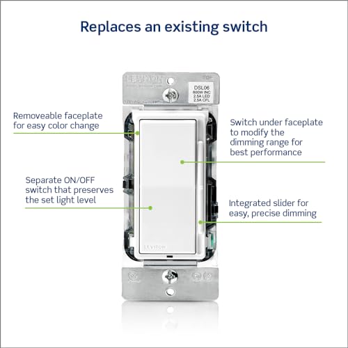 Leviton Decora Slide Dimmer Switch for Dimmable LED, Halogen and Incandescent Bulbs, DSL06-1LZ, White with Ivory and Light Almond Faceplates