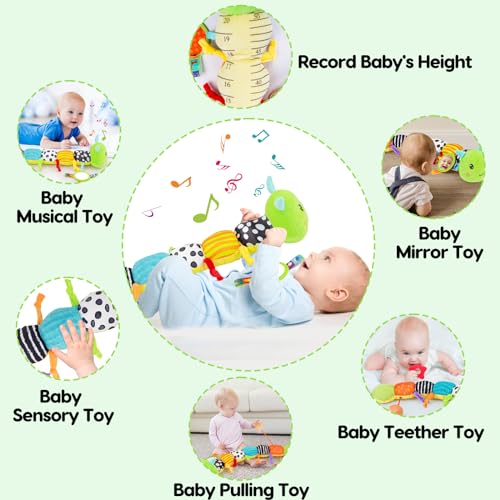 Baby Sensory Toy 0-6 Month Music Animal Stuffed Plush Caterpillar Toy for Infant 0-3-6-12 Month Old Tummy Time with Mirror Crinkle Rattle Toys for Newborn Boys Girl Shower Gifts Easter Basket Stuffer