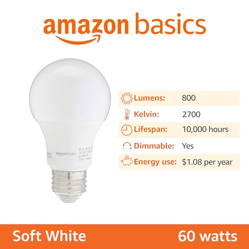 Basics A19 LED Light Bulbs, 60 Watt Equivalent, Energy Efficient 9W, E26 Standard Base, Soft White 2700K, Dimmable, 10,000 Hour Lifetime , 6-Pack