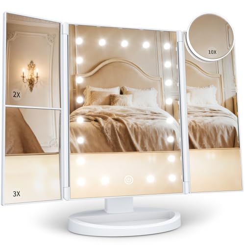 HUONUL Makeup Mirror, Vanity Mirror with Lights, 2X/3X/10X Magnification, Touch Control, Trifold, Dual Power Supply, Gifts for Women, Wife, Mom, Girls,Dorm Room Essentials