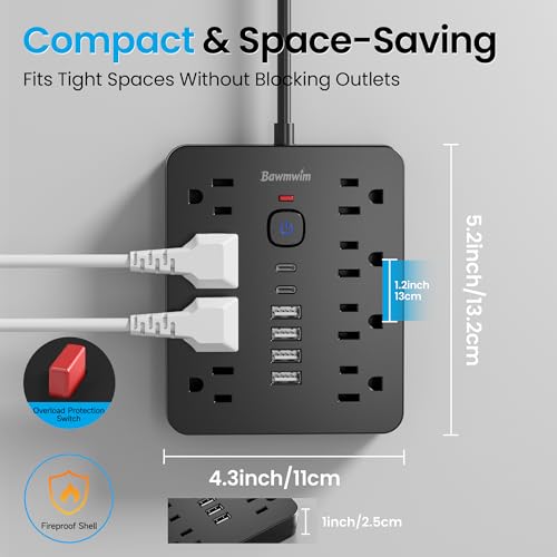 Surge Protector Power Strip, 8 Outlets(1250W/10A), 6 USB Charging Ports(2 USB C), 6FT Flat Plug Extension Cord Outlet Extender with Overload Protection, ETL Certified for Office, Dorm Room
