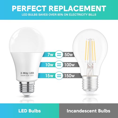 3 Way LED Light Bulbs 50 100 150W Equivalent, Daylight White 5000K 3 Way Light Bulbs, A19 Three Way Light Bulb,E26 Base LED Light Bulb for Reading,Living Room-2 Pack