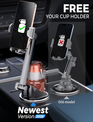 eSamcore Cup Holder Phone Holder, Unobstructed Cup Holder Phone Mount for Your Car Cupholder (2.5"-4") with Flexible C-Shaped Base, 360° Swiveling, 0.8" Deep Clamp Compatible with iPhone 4.7"–7"