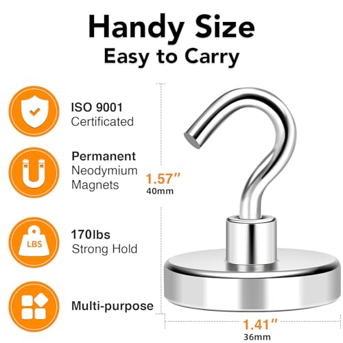 MIKEDE Magnetic Hooks Heavy Duty, 170Lbs+ Super Strong Magnet Hooks for Cruise Essentials, Neodymium Earth Magnets with Hook for Hanging, Magnetic Hanger for Fridge, Toolbox, Storage - 4 Pack