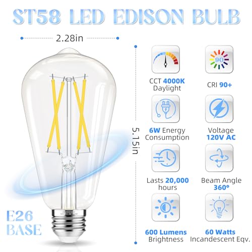Edison Bulbs 60 watt Equivalent LED, E26 LED Bulb Non-Dimmable, 4000K Daylight White, ST58 Vintage Light Bulbs, 90+ CRI, 6W 600LM, E26 Medium Base, Clear Glass, 12 Pack