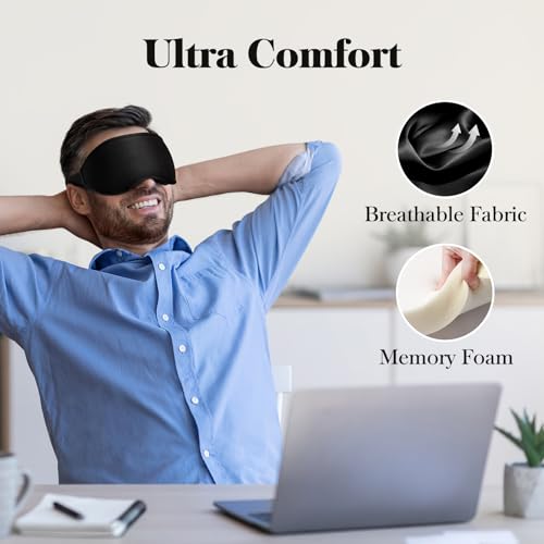 3D Eye Mask Sleep Mask for Men & Women, 100% Pressure-Free & Light Block-Out Eye Mask for Sleep with Easy Adjustable Strap, Night Eye Cover for Travel, Black