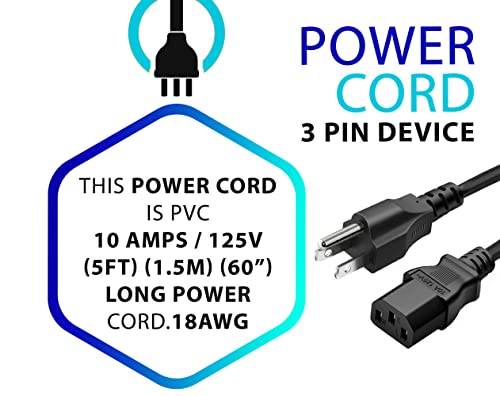 Standard 5ft (1.5m) 10 Amps 125 Volts Black 3 Prong AC Power Cord Cable for Electronics, TV, Computer, Printer, Radio, Monitor, Samsung, Dell, Vizio, LG, Asus, Laptop and More