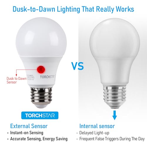 TORCHSTAR Dusk to Dawn Light Bulbs Outdoor, Sensor A19 LED Light Bulb, Auto on/Off Photocell Automatic for Outdoor Lighting, UL FCC DOE, 5000K, Pack of 4