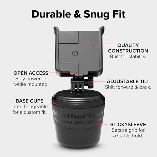 WeatherTech CupFone, Universal Cup Holder Phone Mount for Cars – Adjustable & Secure Fit with Open Access for Charging – Compatible with iPhone, Android - Plastic Knobs, Black