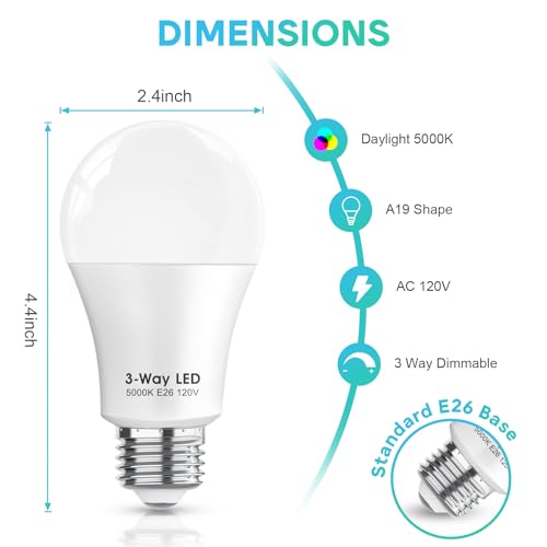 3 Way LED Light Bulbs 50 100 150W Equivalent, Daylight White 5000K 3 Way Light Bulbs, A19 Three Way Light Bulb,E26 Base LED Light Bulb for Reading,Living Room-2 Pack