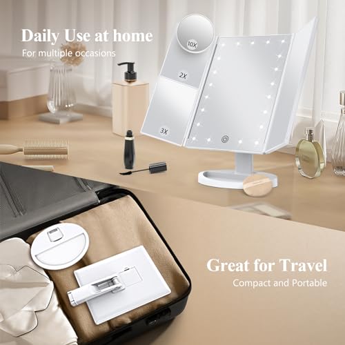 HUONUL Makeup Mirror, Vanity Mirror with Lights, 2X/3X/10X Magnification, Touch Control, Trifold, Dual Power Supply, Gifts for Women, Wife, Mom, Girls,Dorm Room Essentials