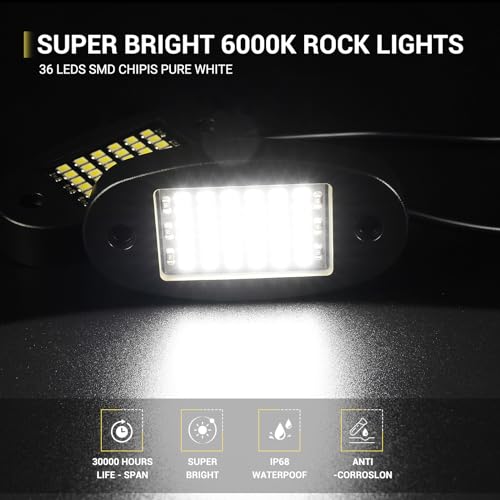 Hovano 20 Pods White Rock Lights 6000K Pure White 36 LEDs SMD Chips Super Bright Neon Underglow Light IP68 Waterproof for Pickup Trucks SUV UTV ATV RZR Car Boats (White)