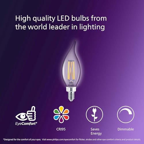 PHILIPS LED 60W BA11 E12 Chandelier Bulbs 3-Pack Ultra Definition Soft White (2700K) 500 Lumen (5W = 60W) Dimmable Flicker-Free LED Candelabra Bulbs