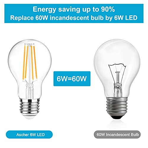 Ascher 60W Equivalent LED Filament Light Bulbs – Warm White 2700K, E26 A19, Pack of 6, Non-Dimmable