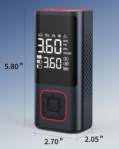 Powools Cordless Tire Inflator 150PSI Portable Air Compressor with Auto Shutoff, Air Pump for Car Tires, Motorcycle, Bike, Balls, Inflatables, LED Light, Red, Standard Capacity