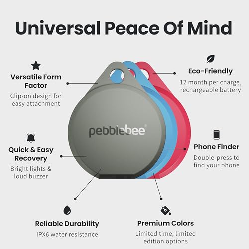 Pebblebee Clip 5 | Rechargeable Bluetooth Tracker Tag for Keys & Bags | Alternative to Air Tag & Android Trackers | 130 dB Siren, Bright LED Strobe, 12-Month Battery, Alert Safety Mode & Phone Finder