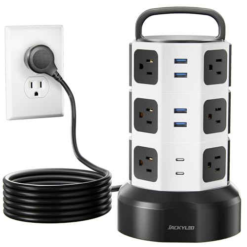 Power Strip Tower JACKYLED Surge Protector Electric Charging Station with 13A 12 Outlets 6 USB Ports Heavy Duty Extension Cord for Home Office Computer Nightstand Laptop Phone White Black