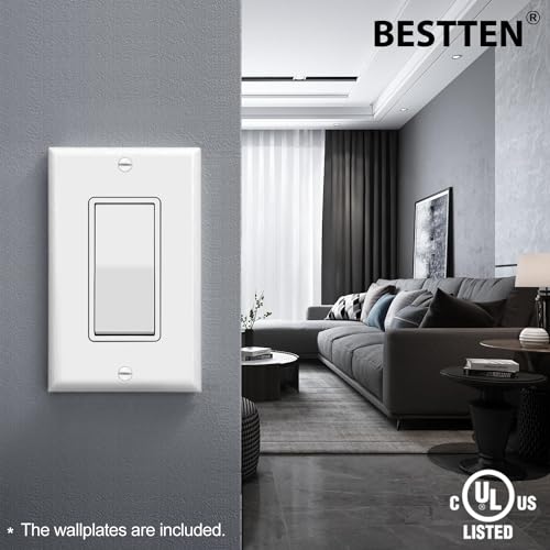 BESTTEN 10 Pack Single Pole Decorator Light Switch with Wallplate, 15A 120/277V, Rocker Paddle Wall Switch, On/Off Interrupter for LED and Other Lamps
