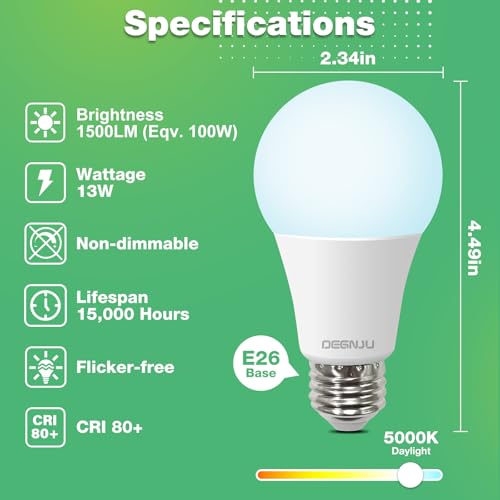 LED Light Bulbs, 100 Watt Equivalent LED Bulbs A19, 5000K Daylight Light Bulb, 1500 Lumens, E26 Standard Base, Non-Dimmable, 13W Bright White LED Bulbs for Bedroom Home Office, 12 Pack