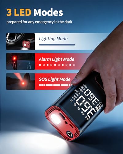 Powools Cordless Tire Inflator 150PSI Portable Air Compressor with Auto Shutoff, Air Pump for Car Tires, Motorcycle, Bike, Balls, Inflatables, LED Light, Red, Standard Capacity