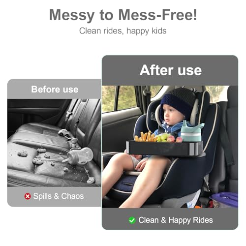 Car Seat Snack Tray for Toddlers - 3 Inch Cup Holder Fits Most Sippy Cups & Straw Bottles with Dip Well, Mess-Free Square Kids Travel Tray Road Trip Essentials, Black
