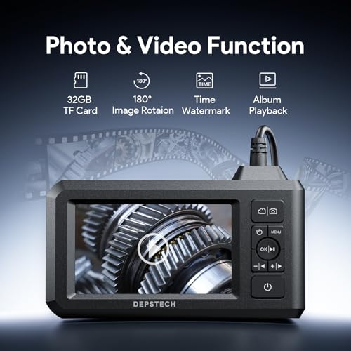 DEPSTECH Dual Lens Industrial Endoscope, 1080P Digital Borescope Inspection Camera, 7.9mm IP67 Waterproof Sewer Camera with 4.3" LCD Screen, 7 LED Lights, 16.5FT Semi-Rigid Cable, 32GB Card-Black