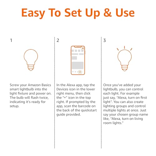 Basics Smart A19 LED Light Bulb, Dimmable Soft White (2700K), 9W (60W Equivalent), 800LM, Energy Efficient, Works with Alexa Only, 2.4 GHz Wi-Fi, No Hub Required, 4-Pack