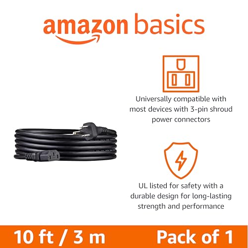 Basics Replacement Power Cord for Computer, Monitor, TV, Printer, PC, 3 Prong, 18 AWG, 125 Volts, 10 Feet, Black