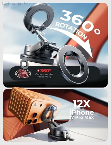 LISEN for Magsafe Car Mount, Cell Phone Holders for Your Car, Magnetic Car Accessories for Women Men Interior Jeep Truck, Vacuum Gifts Kits, for iPhone 17 Pro Max 16 15 14 13 12, Samsung S25，Black