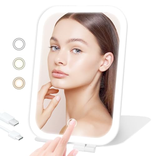 Travel Makeup Mirror, Portable Mirror with 3 Adjustable Light Settings, USB-Rechargeable Vanity Mirror with Lights，Gift for Women and Girls