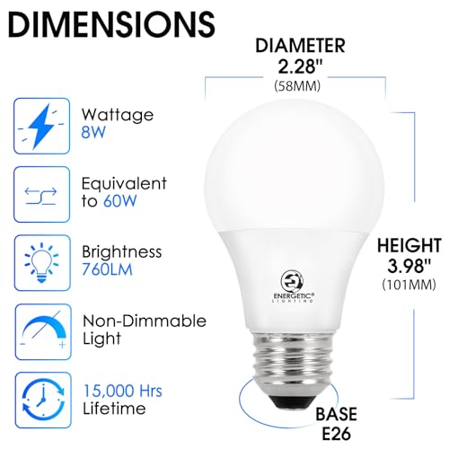 Energetic 24-Pack A19 LED Light Bulb, 60 Watt Equivalent, Daylight 5000K, E26 Medium Base, Non-Dimmable LED Light Bulb, ETL Listed