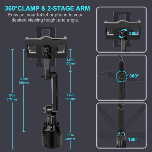 Cup Holder Car Tablet Mount for Truck, 360° Adjustable 15" Long 2-Arm Stand Holder for iPad Pro 12.9/11/10.5/9.7/Air/Mini 6/5/4, Galaxy Tab/Z Fold 6/5/4, iPhone 17/16/Pro, 4.7-12.9" Tab &Phone